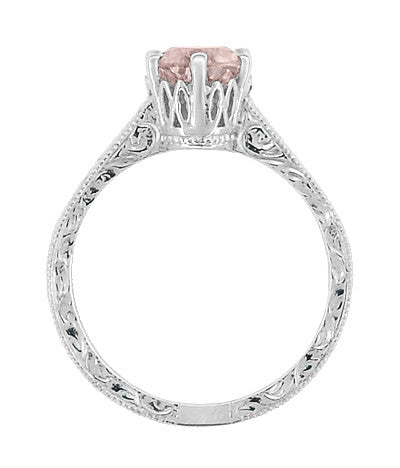 Art Deco Crown Filigree Scrolls 1 Carat Morganite Engraved Engagement Ring in 18 Karat White Gold - Item: R199W1M - Image: 4