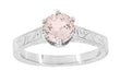 Art Deco Crown Filigree Scrolls 1 Carat Morganite Engraved Engagement Ring in 18 Karat White Gold