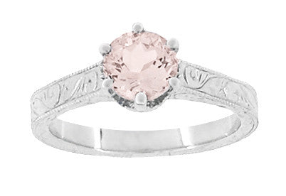 Art Deco Crown Filigree Scrolls 1 Carat Morganite Engraved Engagement Ring in 18 Karat White Gold - Item: R199W1M - Image: 5