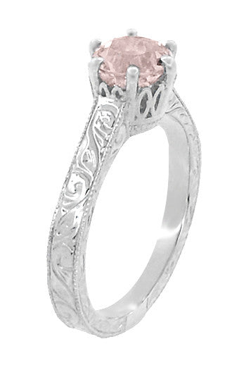 Art Deco Crown Filigree Scrolls 1 Carat Morganite Engraved Engagement Ring in 18 Karat White Gold - alternate view