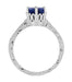 Art Deco Filigree Scrolls 1.5 Carat Blue Sapphire Engraved Solitaire Crown Engagement Ring in 18 Karat White Gold
