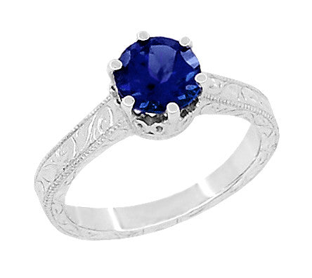 Art Deco Filigree Scrolls 1.5 Carat Blue Sapphire Engraved Solitaire Crown Engagement Ring in 18 Karat White Gold - Item: R199W1S - Image: 2