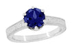 Art Deco Filigree Scrolls 1.5 Carat Blue Sapphire Engraved Solitaire Crown Engagement Ring in 18 Karat White Gold