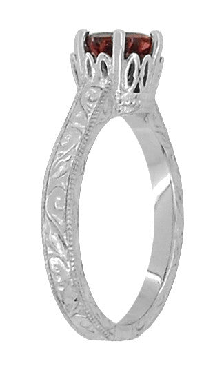 Art Deco Engraved Scrolls 1.5 Carat Almandine Garnet Filigree Crown Solitaire Engagement Ring in 18 Karat White Gold - Item: R199WAG - Image: 3