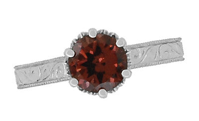 Art Deco Engraved Scrolls 1.5 Carat Almandine Garnet Filigree Crown Solitaire Engagement Ring in 18 Karat White Gold - Item: R199WAG - Image: 5