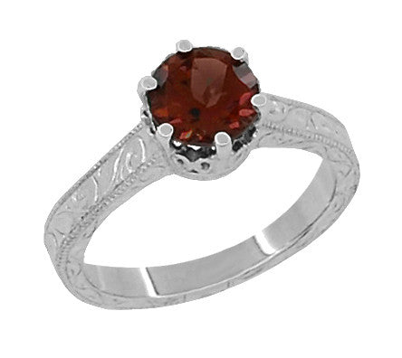 Art Deco Engraved Scrolls 1.5 Carat Almandine Garnet Filigree Crown Solitaire Engagement Ring in 18 Karat White Gold