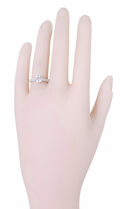 Art Deco Filigree Scrolls Tiara Crown 1.27 Carat Solitaire Diamond Engraved Engagement Ring in 18 Karat White Gold - Item: R199WD125 - Image: 8