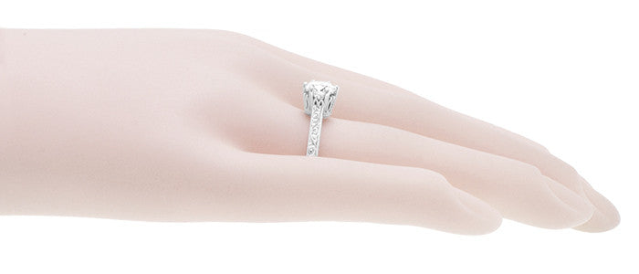 Art Deco Filigree Scrolls Tiara Crown 1.27 Carat Solitaire Diamond Engraved Engagement Ring in 18 Karat White Gold - Item: R199WD125 - Image: 9