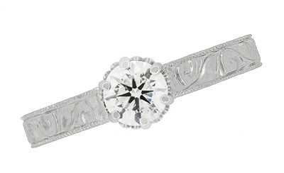 Art Deco Crown Filigree Scrolls Engraved 1/3 Carat Solitaire Diamond Engagement Ring in 18 Karat White Gold - Item: R199WD33 - Image: 4