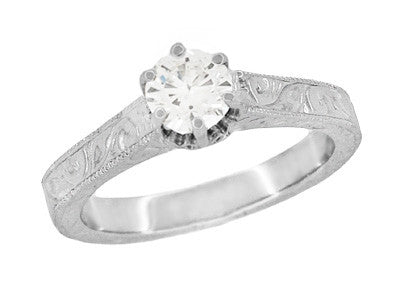 Art Deco Crown Filigree Scrolls Engraved 1/3 Carat Solitaire Diamond Engagement Ring in 18 Karat White Gold