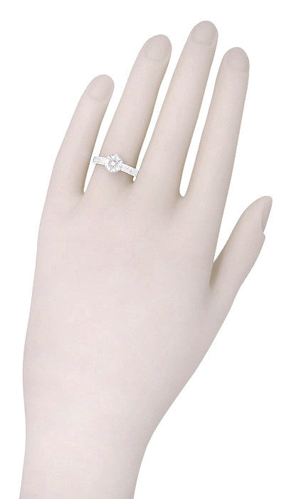 Art Deco Crown Filigree Scrolls 3/4 Carat Solitaire Diamond Engraved Filigree Engagement Ring in 18 Karat White Gold - Item: R199WD75-LC - Image: 7