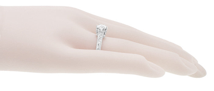 Art Deco Crown Filigree Scrolls 3/4 Carat Solitaire Diamond Engraved Filigree Engagement Ring in 18 Karat White Gold - Item: R199WD75-LC - Image: 8