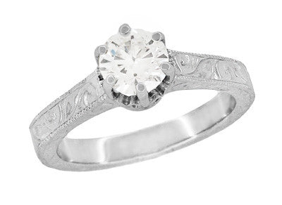 Art Deco Crown Filigree Scrolls 3/4 Carat Solitaire Diamond Engraved Filigree Engagement Ring in 18 Karat White Gold - Item: R199WD75 - Image: 2