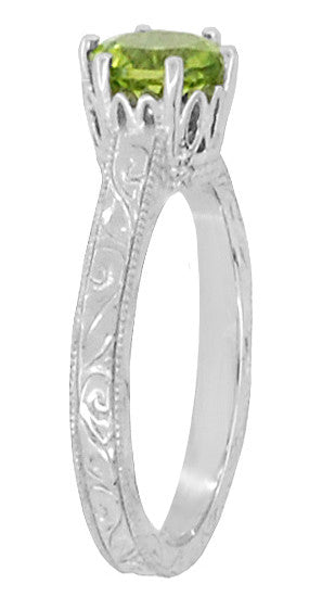 Art Deco Crown Filigree Scrolls Solitaire Peridot Engagement Ring in 18 Karat White Gold - Item: R199WPER - Image: 3