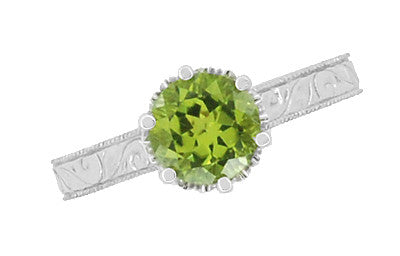 Art Deco Crown Filigree Scrolls Solitaire Peridot Engagement Ring in 18 Karat White Gold - Item: R199WPER - Image: 5