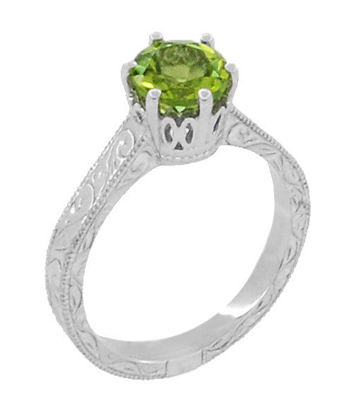 Art Deco Crown Filigree Scrolls Solitaire Peridot Engagement Ring in 18 Karat White Gold - Item: R199WPER - Image: 2
