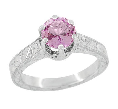 Art Deco Filigree Crown Solitaire 1 Carat Pink Sapphire Engraved Engagement Ring in 18 Karat White Gold - alternate view