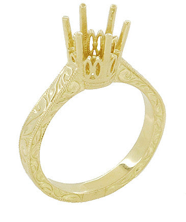 18 Karat Yellow Gold Vintage Scrolls Art Deco Filigree 1.50 - 1.75 Carat Solitaire Crown Engagement Ring Mounting for a Round Stone