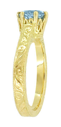 18 Karat Yellow Gold Art Deco Scrolls Filigree Crown 1 Carat Aquamarine Engraved Engagement Ring - Item: R199Y1A - Image: 3