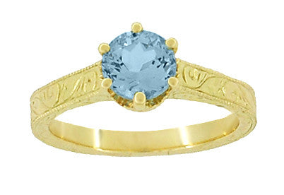 18 Karat Yellow Gold Art Deco Scrolls Filigree Crown 1 Carat Aquamarine Engraved Engagement Ring - Item: R199Y1A - Image: 5
