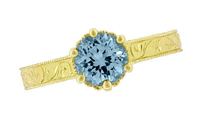 18 Karat Yellow Gold Art Deco Scrolls Filigree Crown 1 Carat Aquamarine Engraved Engagement Ring - Item: R199Y1A - Image: 6