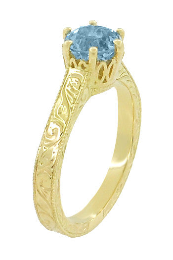 18 Karat Yellow Gold Art Deco Scrolls Filigree Crown 1 Carat Aquamarine Engraved Engagement Ring - Item: R199Y1A - Image: 2