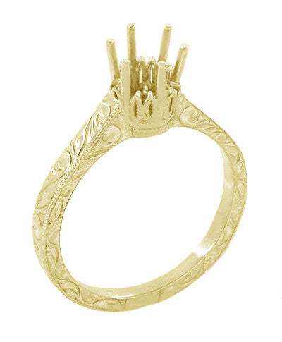 Third Carat Vintage Crown Ring Setting in Yellow Gold - Art Deco Engraved Solitaire Mount for 4.5mm Round