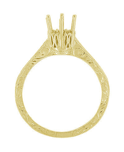 Art Deco Yellow Gold Vintage Carved Filigree Scrolls 1/2 Carat Crown Engagement Ring Setting - Item: R199Y50K14 - Image: 2