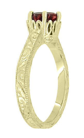 18 Karat Yellow Gold Art Deco Crown Filigree Scrolls 1.5 Carat Almandine Garnet Solitaire Engagement Ring - Item: R199YAG - Image: 3