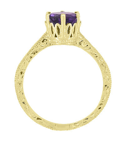Art Deco Carved Scrolls Filigree Crown Solitaire Amethyst Engagement Ring in 18 Karat Yellow Gold - Item: R199YAM - Image: 4
