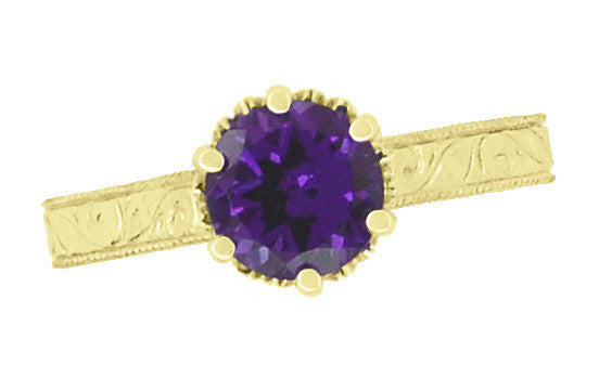 Art Deco Carved Scrolls Filigree Crown Solitaire Amethyst Engagement Ring in 18 Karat Yellow Gold - Item: R199YAM - Image: 5