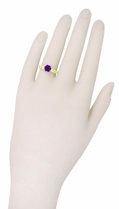 Art Deco Carved Scrolls Filigree Crown Solitaire Amethyst Engagement Ring in 18 Karat Yellow Gold - Item: R199YAM - Image: 7