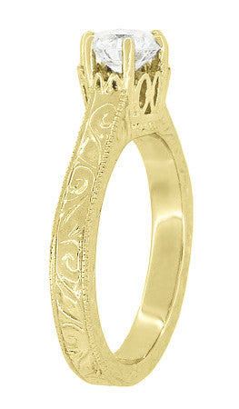 Art Deco Crown Filigree Scrolls Engraved Solitaire Diamond Engagement Ring in 18 Karat Yellow Gold - Item: R199YD50 - Image: 4