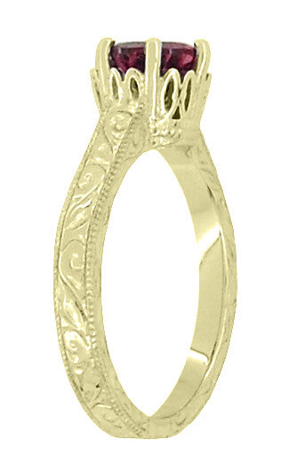 18 Karat Yellow Gold Art Deco Filigree Crown Solitaire 1.5 Carat Rhodolite Garnet Engagement Ring - Item: R199YG - Image: 3