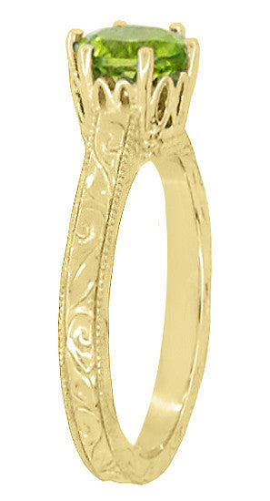Art Deco Crown Filigree Scrolls 1.25 Carat Peridot Engagement Ring in 18 Karat Yellow Gold - Item: R199YPER - Image: 3