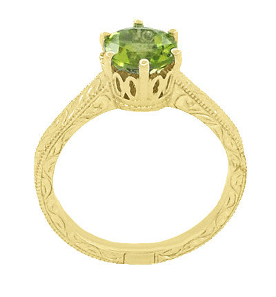Art Deco Crown Filigree Scrolls 1.25 Carat Peridot Engagement Ring in 18 Karat Yellow Gold - Item: R199YPER - Image: 4