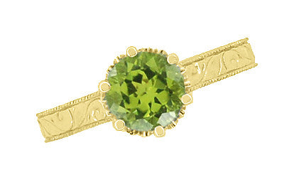 Art Deco Crown Filigree Scrolls 1.25 Carat Peridot Engagement Ring in 18 Karat Yellow Gold - Item: R199YPER - Image: 5