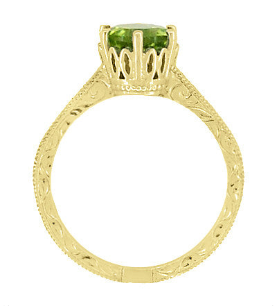 Art Deco Crown Filigree Scrolls 1.25 Carat Peridot Engagement Ring in 18 Karat Yellow Gold - Item: R199YPER - Image: 6