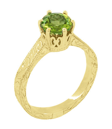 Art Deco Crown Filigree Scrolls 1.25 Carat Peridot Engagement Ring in 18 Karat Yellow Gold - alternate view