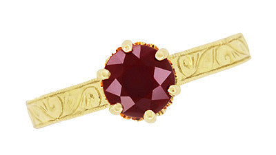 Art Deco Crown Filigree Scrolls Ruby Engagement Ring in 18 Karat Yellow Gold - Item: R199YRU - Image: 5