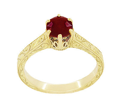 Art Deco Crown Filigree Scrolls Ruby Engagement Ring in 18 Karat Yellow Gold - Item: R199YRU - Image: 2
