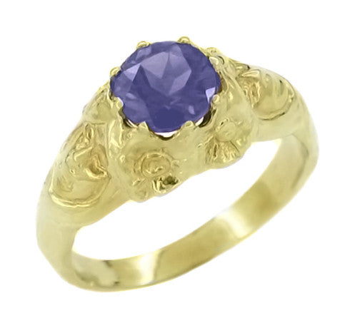 Art Nouveau Iolite Crowned Maidens Ring in 14 Karat Yellow Gold