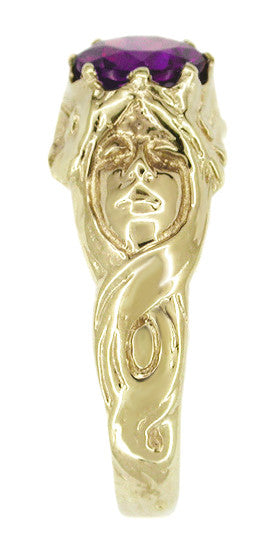 Art Nouveau Flowing Maidens Amethyst Ring in 14 Karat Yellow Gold - alternate view