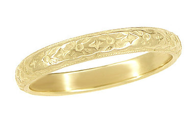 Art Deco Yellow Gold Hand Carved Flowers Vintage Wedding Band - 18K or 14K