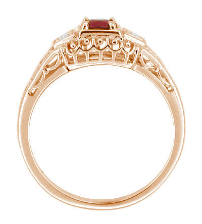 Art Deco Filigree Ruby and Diamond Engagement Ring in 14 Karat Rose Gold - Item: R227R - Image: 2