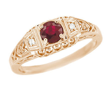 Art Deco Filigree Ruby and Diamond Engagement Ring in 14 Karat Rose Gold