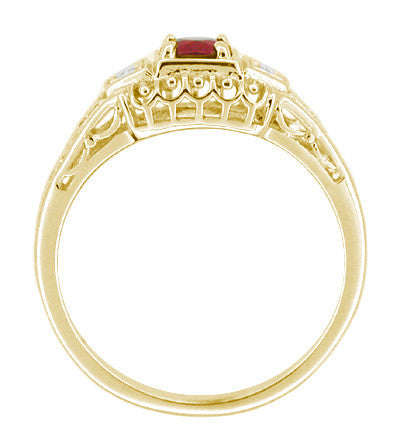 Art Deco Ruby and Diamond Filigree Engagement Ring in 14 Karat Yellow Gold - Item: R227Y - Image: 2