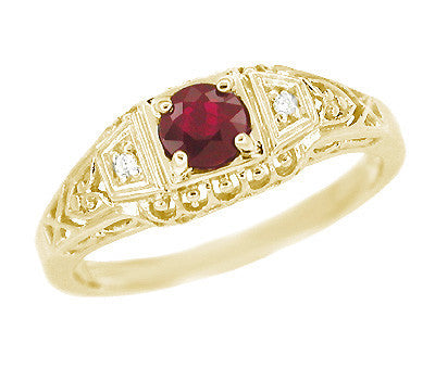 Art Deco Ruby and Diamond Filigree Engagement Ring in 14 Karat Yellow Gold