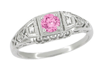 1920's Pink Sapphire and Diamonds Filigree Art Deco Engagement Ring in Platinum