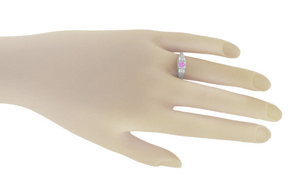 1920's Style Pink Sapphire and Diamonds Art Deco Filigree Engagement Ring in 14 Karat White Gold - Item: R228WPS - Image: 3